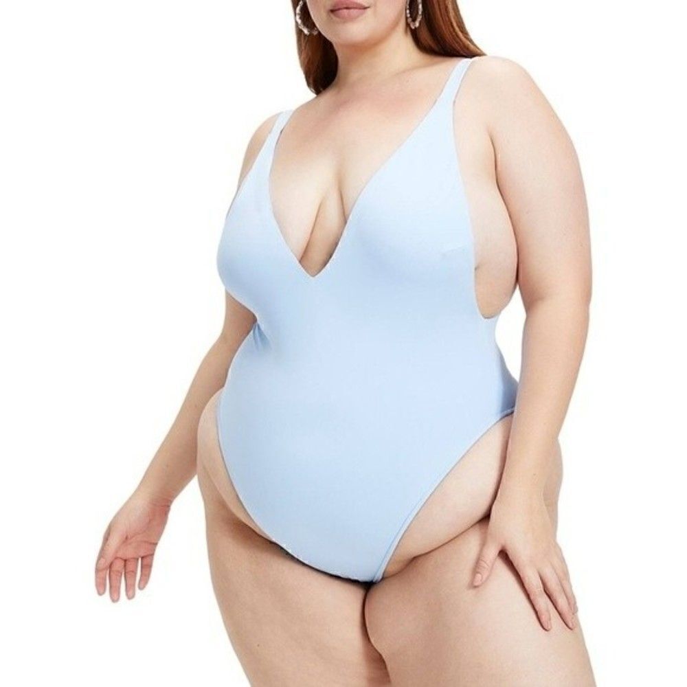 New! Good American Lounge One Piece High Waist High Cut Plunge Sexy Swimsuit